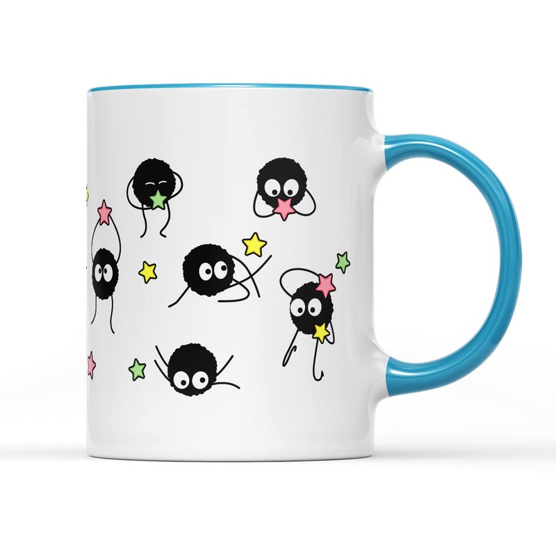 SmartyPants Soot Sprites Wrap Coffee Cup Mug Anime Manga Film Studio Susuwatari Neighbor Spirits Present Gift Heavy Duty Ceramic Handle Coated Dishwasher Microwave Safe Blue Handle Prime
