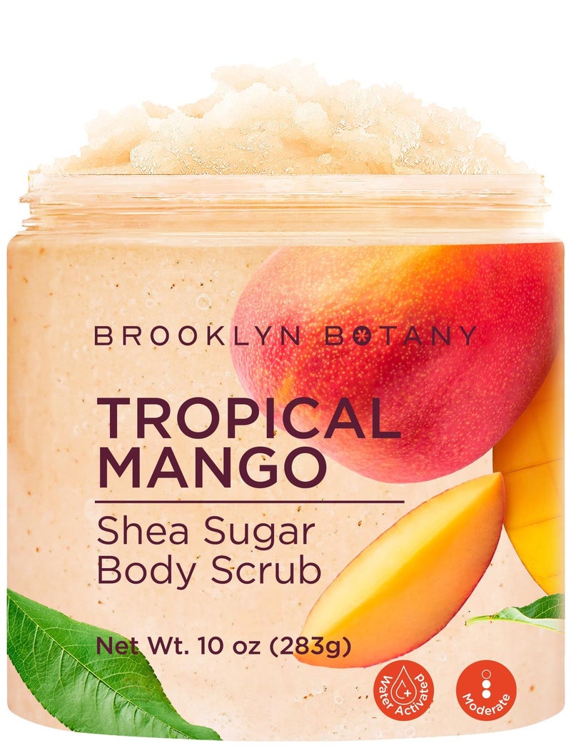 Brooklyn Botany Tropical Mango Shea Sugar Scrub for Body 10 oz Deeply Hydrating and Gently Exfoliating Body Scrub for Women and Men Made with Jojoba Beads