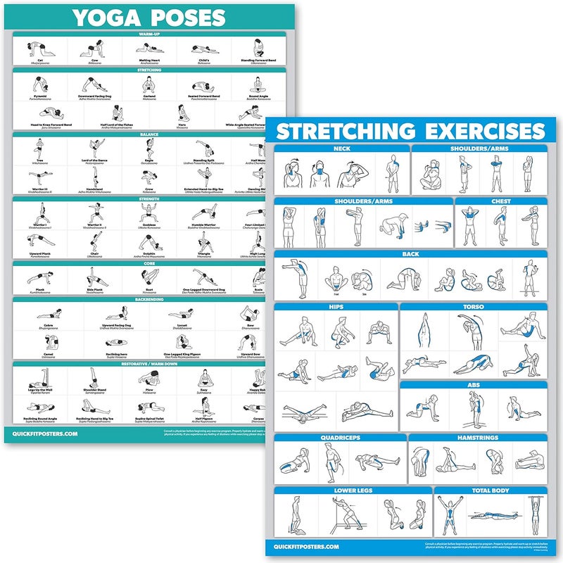 Palace Learning QUICKFIT Yoga Poses and Stretching Exercise Poster Set - Laminated 2 Chart Set - Yoga Positions & Stretching Workouts (18" x 24") - Image 1