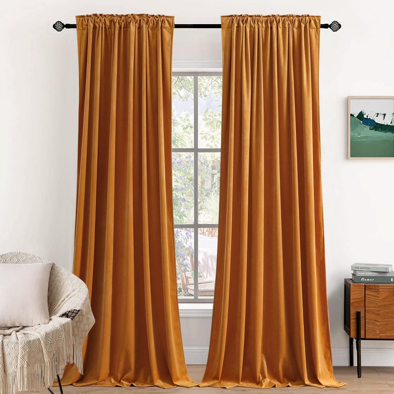 Dchola Mustard Yellow Velvet Curtains for Bedroom Window  Super Soft Vintage Luxury Heavy Drapes  Room Darkening Rod Pocket Curtain for Living Room  W52 by L90 inches  2 Panels - Image 1
