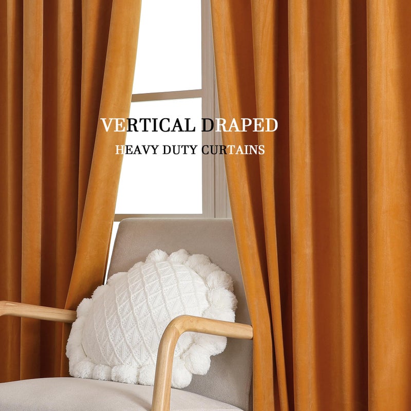 Dchola Mustard Yellow Velvet Curtains for Bedroom Window  Super Soft Vintage Luxury Heavy Drapes  Room Darkening Rod Pocket Curtain for Living Room  W52 by L90 inches  2 Panels - Image 5