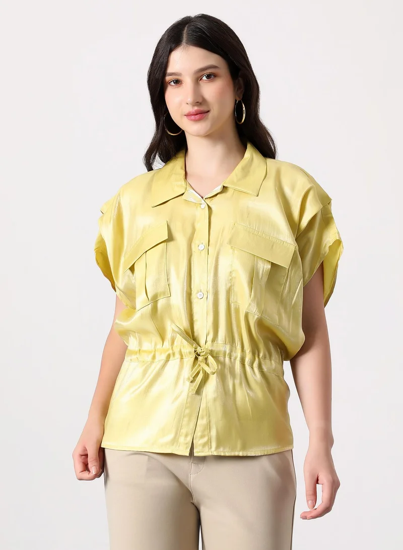 بينيا كولادا Women's Utility-Gleam Safari Shirt | Cuban Collar , Short Ruched-Cape Sleeves, Button Closure | Solid Satin | Woven Shirt For Casual & Daily Wear | Butter Yellow