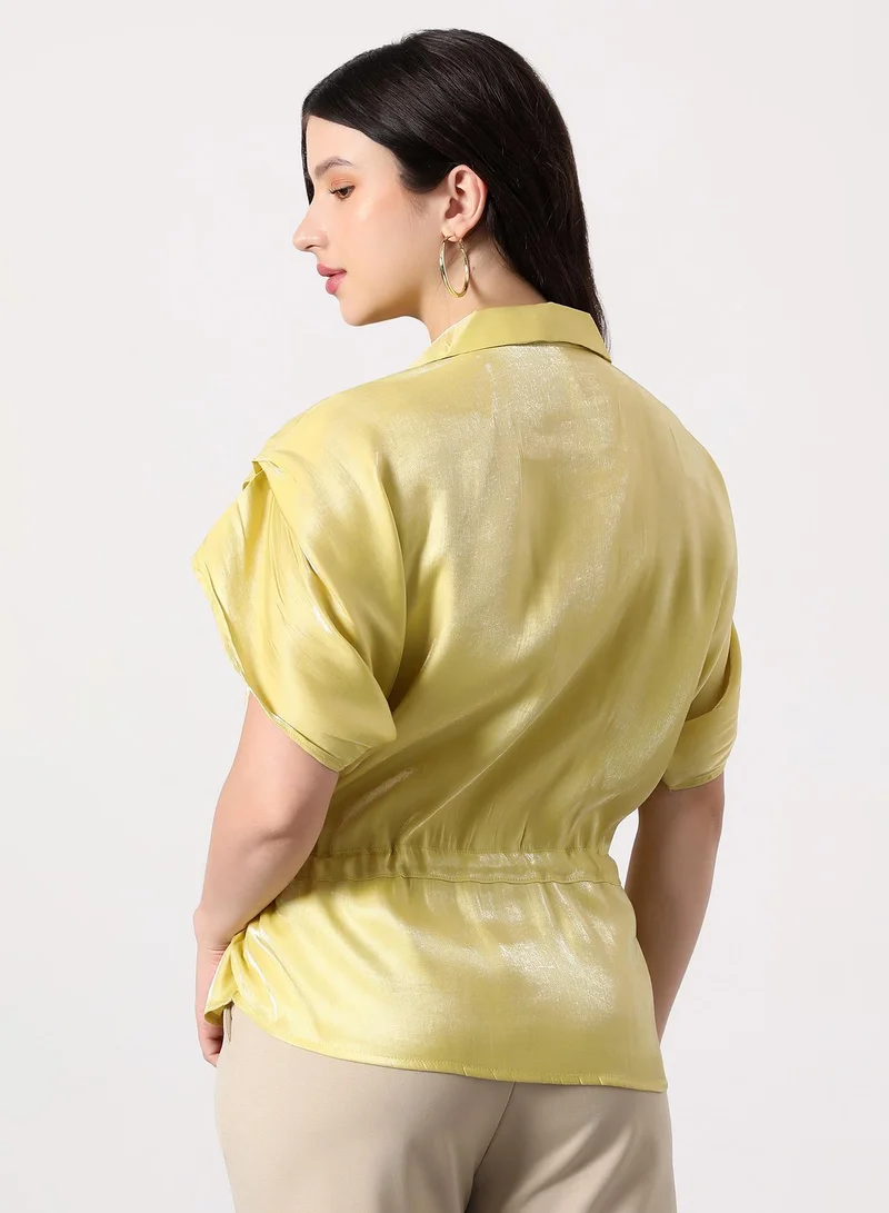 بينيا كولادا Women's Utility-Gleam Safari Shirt | Cuban Collar , Short Ruched-Cape Sleeves, Button Closure | Solid Satin | Woven Shirt For Casual & Daily Wear | Butter Yellow