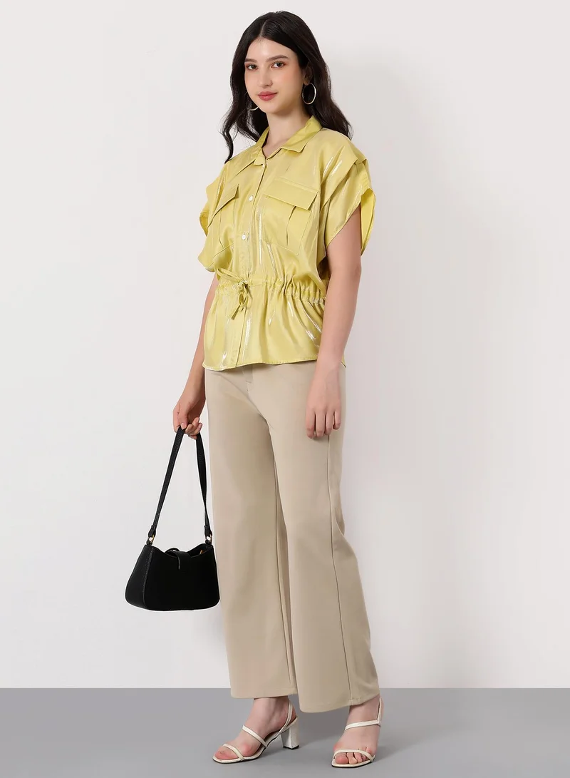بينيا كولادا Women's Utility-Gleam Safari Shirt | Cuban Collar , Short Ruched-Cape Sleeves, Button Closure | Solid Satin | Woven Shirt For Casual & Daily Wear | Butter Yellow