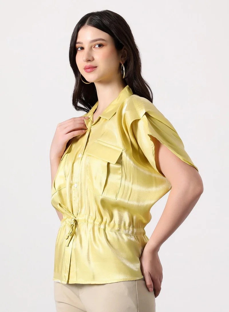بينيا كولادا Women's Utility-Gleam Safari Shirt | Cuban Collar , Short Ruched-Cape Sleeves, Button Closure | Solid Satin | Woven Shirt For Casual & Daily Wear | Butter Yellow