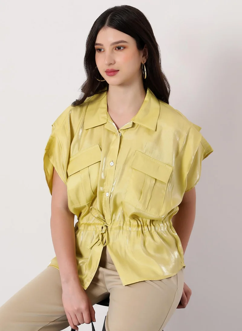 بينيا كولادا Women's Utility-Gleam Safari Shirt | Cuban Collar , Short Ruched-Cape Sleeves, Button Closure | Solid Satin | Woven Shirt For Casual & Daily Wear | Butter Yellow