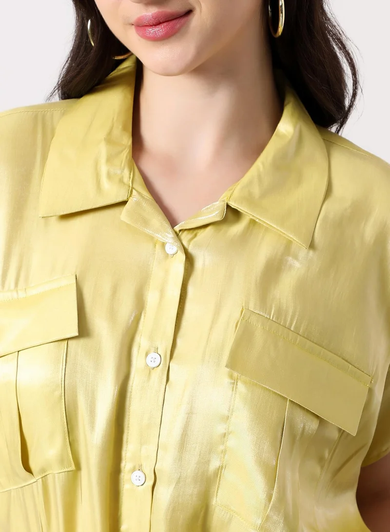 بينيا كولادا Women's Utility-Gleam Safari Shirt | Cuban Collar , Short Ruched-Cape Sleeves, Button Closure | Solid Satin | Woven Shirt For Casual & Daily Wear | Butter Yellow