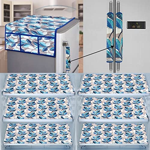E-Retailer® Exclusive Combo Set of Appliances Cover (1 Pc. of Fridge Top Cover, 2 Pc. of Refrigerator Handle Cover and 6 Pc. Of Refrigerator Mat/Fridge Shelf Mat) (Color- Blue, Design-Leaf, Set Contains- 9 Pcs.) - Image 1