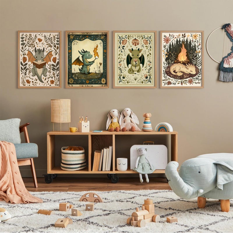 Pennclys Vintage Nursery Dragon Wall Art Baby Boy Room Canvas Wall Decor Whimsical Dinosaur Flower Poster Nursery Cute Dragon Pictures Fantasy Prints Painting for Girls Bedroom Kids Room 8x10x4 Inch Unframed - Image 3