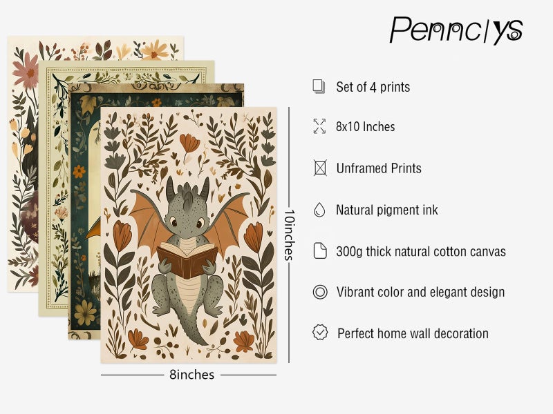 Pennclys Vintage Nursery Dragon Wall Art Baby Boy Room Canvas Wall Decor Whimsical Dinosaur Flower Poster Nursery Cute Dragon Pictures Fantasy Prints Painting for Girls Bedroom Kids Room 8x10x4 Inch Unframed - Image 2