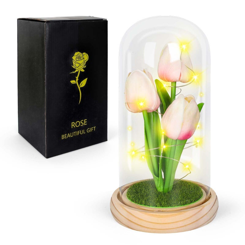 Whaline Forever Tulip Artificial Flowers Gift Pink White Tulip Floral Night Light Decoration Bedroom Table Lamp for - Image 2