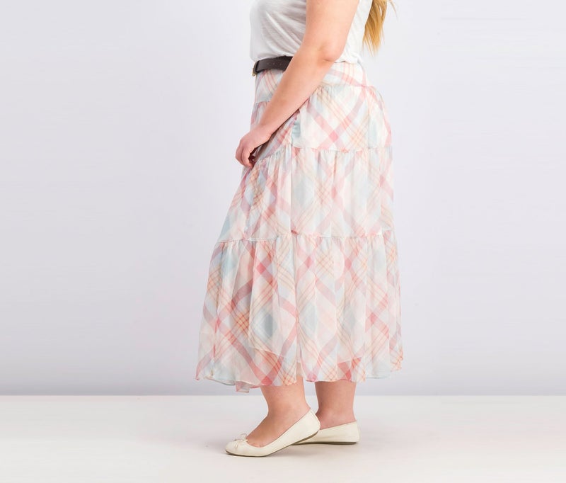 Lauren by Ralph Lauren Women Regular Fit Plaid Tiered Peasant Skirt, Cream  - Image 3