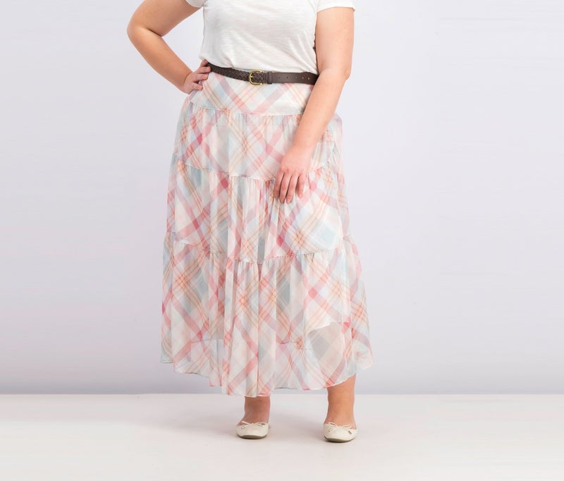 Lauren by Ralph Lauren Women Regular Fit Plaid Tiered Peasant Skirt, Cream  - Image 1