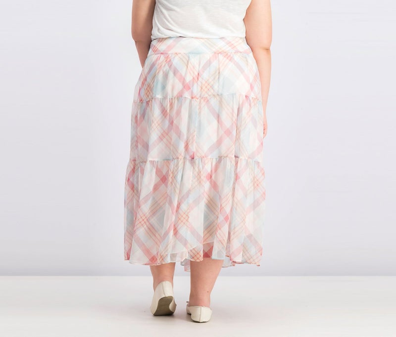Lauren by Ralph Lauren Women Regular Fit Plaid Tiered Peasant Skirt, Cream  - Image 2