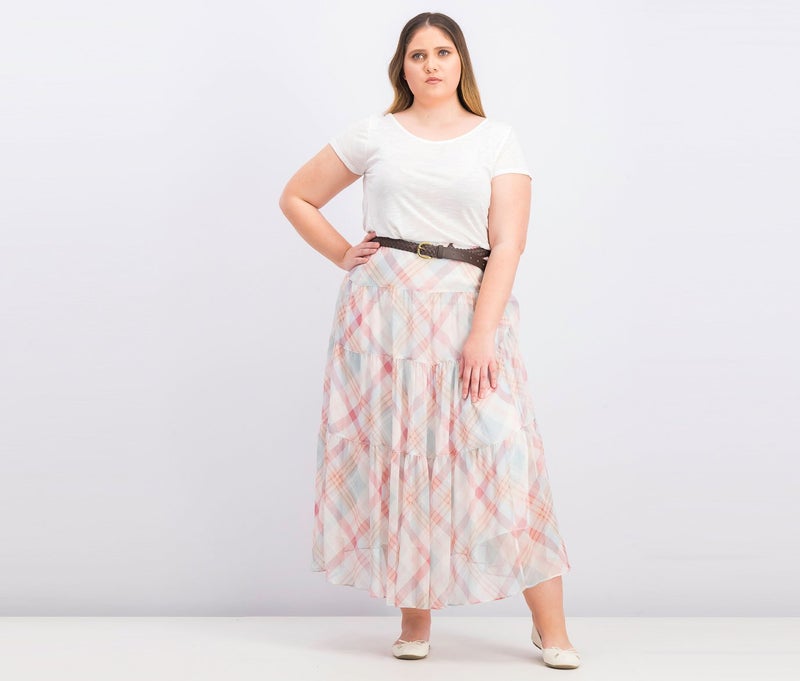 Lauren by Ralph Lauren Women Regular Fit Plaid Tiered Peasant Skirt, Cream - Image 4