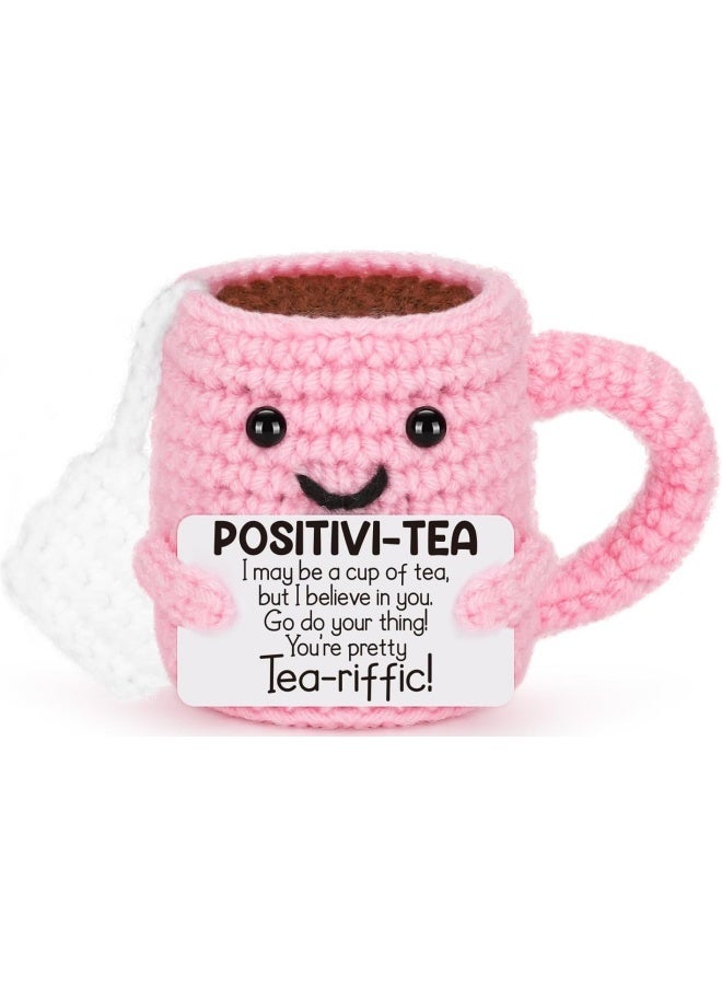 Mini Positive Crochet Tea Cup Birthday Gifts for Women Friend Sister, Bosses Day Christmas White Elephant Gifts for Teen, Emotional Cheer Up Support Gifts for Coworker Handmade Cute Stocking Stuffers - Image 1