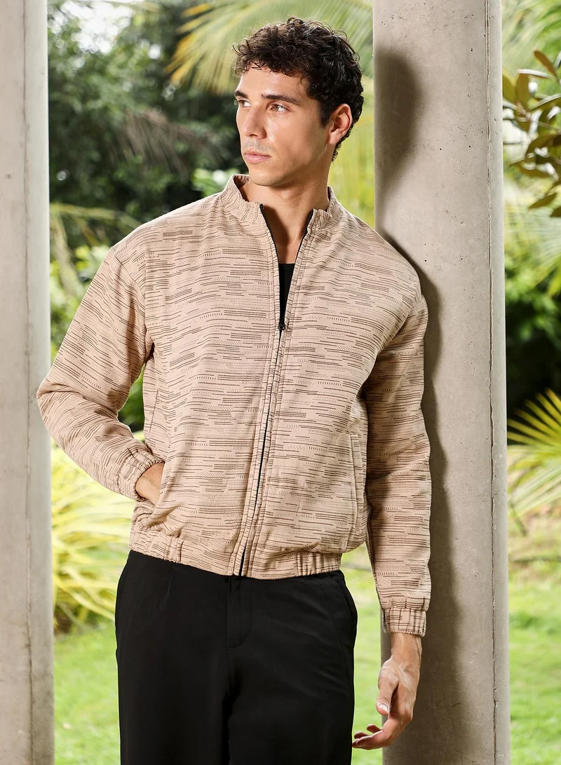 Campus Sutra Men Lined-Jacquard Bomber Jacket | ,   |  ,  Hem |  Jacquard | Woven Fabric For  Wear | Sand Beige