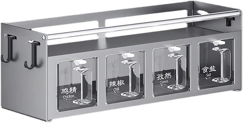 4 Compartment Seasoning Rack, Wall Mounted Condiment Storage Rack, Multi Functional Organizer with Hooks and Spoons for Kitchen Countertop or Cabinet - Image 1