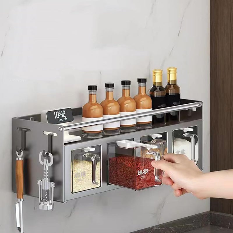 4 Compartment Seasoning Rack, Wall Mounted Condiment Storage Rack, Multi Functional Organizer with Hooks and Spoons for Kitchen Countertop or Cabinet - Image 4