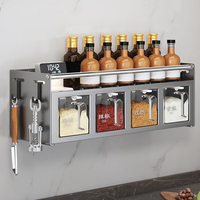 4 Compartment Seasoning Rack, Wall Mounted Condiment Storage Rack, Multi Functional Organizer with Hooks and Spoons for Kitchen Countertop or Cabinet - Image 5