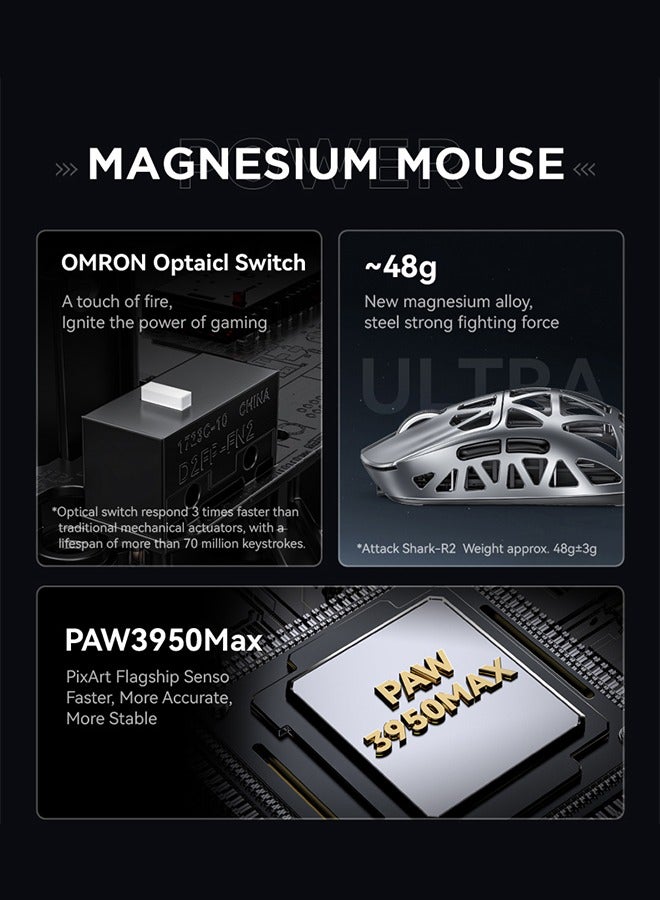 Attack Shark R2 Wireless Gaming Mouse,Superlight Magnesium Alloy,PAW3950 42000 DPI Optical Sensor,8000Hz Polling Rate,2.4G/BT/Wired Programmable Mice for Win Mac Gamer (Black) - Image 3