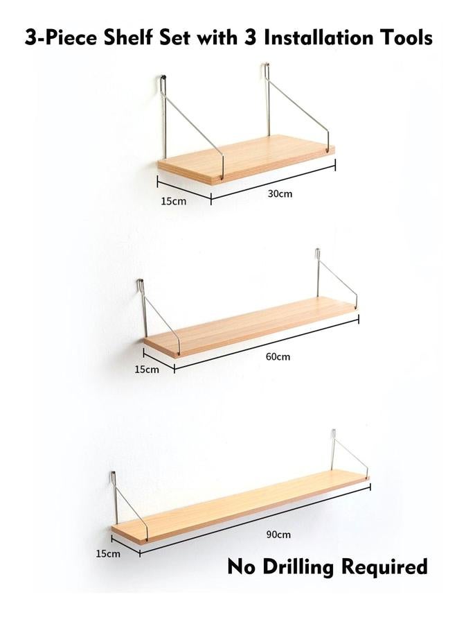 HOMESTAR 3-Piece Home Book Shelves Set Floating for Wall Hanging Wood Shelf Wooden with Metal Brackets Organizers Color  - Image 5