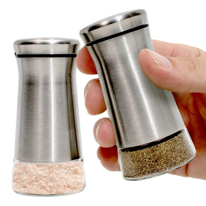 WILLOW EVERETT SALT AND PEPPER SHAKER SET STAINLESS STEEL GLASS WITH ADJUSTABLE POUR DIAL IDEAL FOR PREGROUND SPICES SEASONING BLENDS