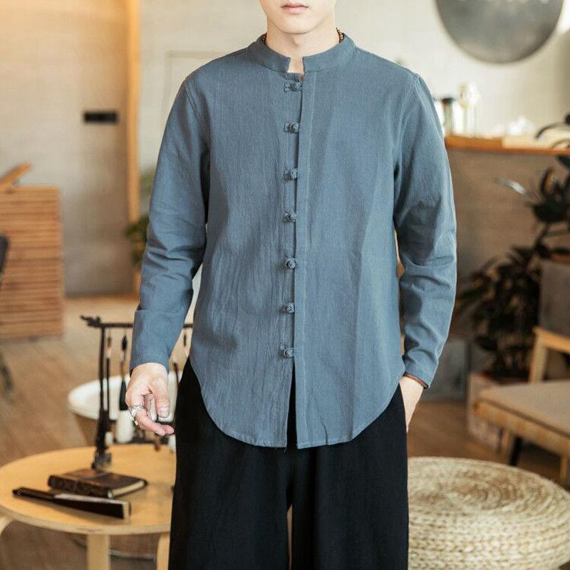 Autumn Mens Clothing Retro Style Chinese Style Cotton and Linen Chinese Style Hanfu Tang Coat Cardigan Loose Casual Long-sleeved Shirt Grey 