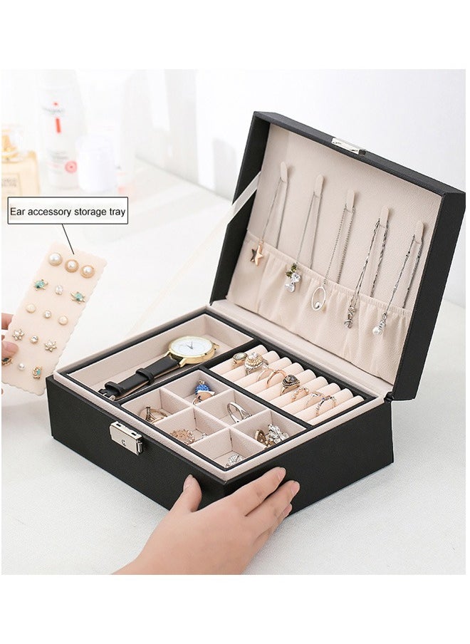 Ssovi 2-Layer Jewelry And Watch Storage Box, PU Leather Jewelry/Watch Boxes For Women With Lock And Removable Partition  - Image 2