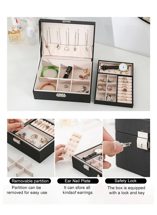 Ssovi 2-Layer Jewelry And Watch Storage Box, PU Leather Jewelry/Watch Boxes For Women With Lock And Removable Partition  - Image 3