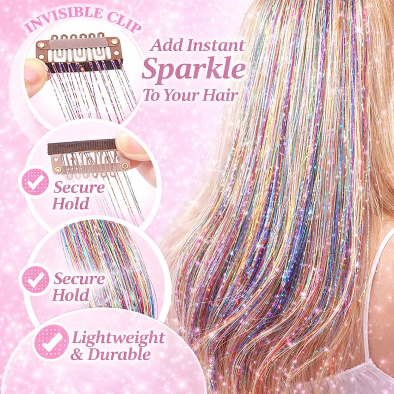 EROADE Hair Tinsel 12 Pcs Clip in Hair Tinsel Kit for Girls 22 Inch Glitter Fairy Tinsel Hair Extensions Colorful Heat Resistant Party Festival Accessories for Women (pink/multicolor-12 Pcs) - Image 2