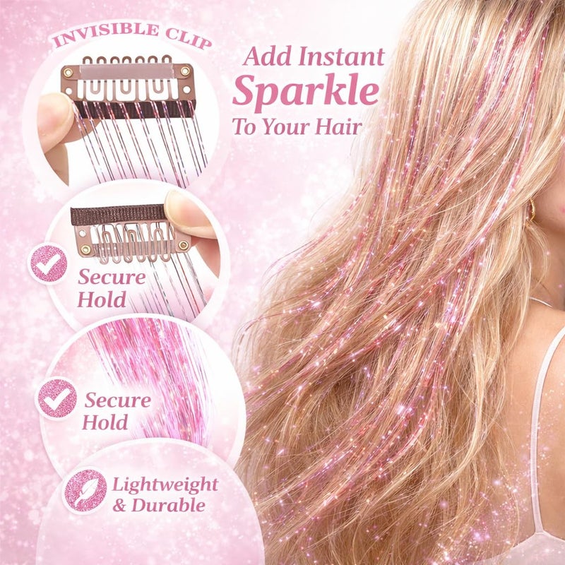 EROADE Hair Tinsel 12 Pcs Clip in Hair Tinsel Kit for Girls 22 Inch Glitter Fairy Tinsel Hair Extensions Colorful Heat Resistant Party Festival Accessories for Women (pink/multicolor-12 Pcs) - Image 3