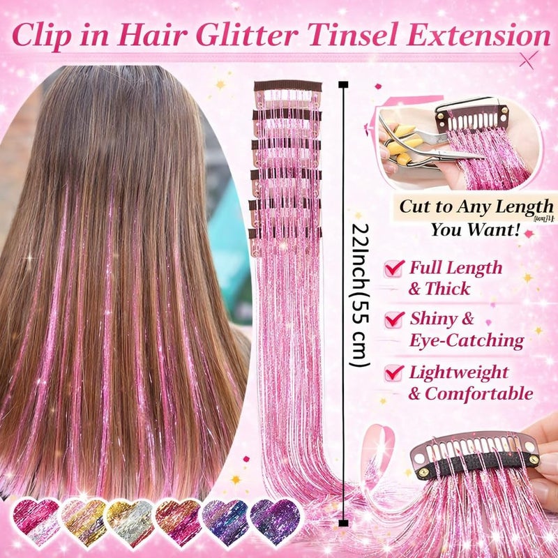 EROADE Hair Tinsel 12 Pcs Clip in Hair Tinsel Kit for Girls 22 Inch Glitter Fairy Tinsel Hair Extensions Colorful Heat Resistant Party Festival Accessories for Women (pink/multicolor-12 Pcs) - Image 4