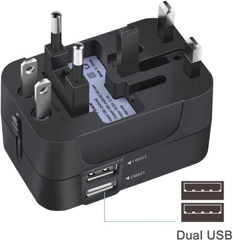 Coku Universal Travel Adapter with USB Port, Worldwide All in One Universal Power Wall Charger AC Power Plug Adapter with Dual USB Charging Ports for USA EU UK AUS Cell Phone Laptop (Black) (Black) - Image 4