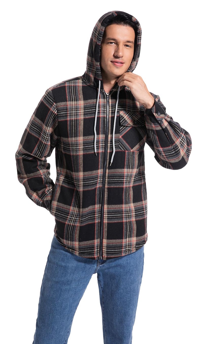 Elesuit Men's Full Zip Fleece Flannel Jackets Shirt Plaid Cotton Hoodies Soft Warm Coat for Men with Hood Red Medium - Image 2