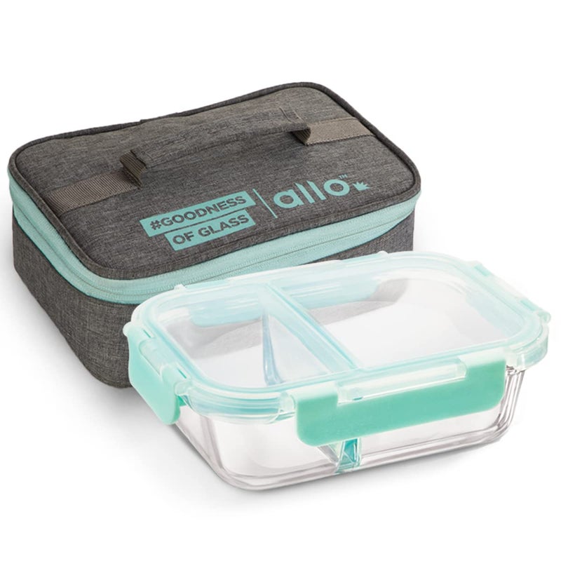 Allo Allo FoodSafe 580ml x 1 Glass Microwave 450°C Oven Safe Lunch Box with Break Free Detachable Lock | High Borosilicate | Office Tiffin with Canvas Grey Flat Bag | Rectangle Divider  - Image 1