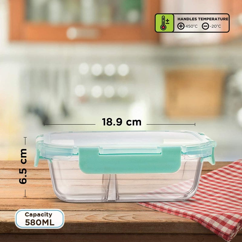 Allo Allo FoodSafe 580ml x 1 Glass Microwave 450°C Oven Safe Lunch Box with Break Free Detachable Lock | High Borosilicate | Office Tiffin with Canvas Grey Flat Bag | Rectangle Divider  - Image 3