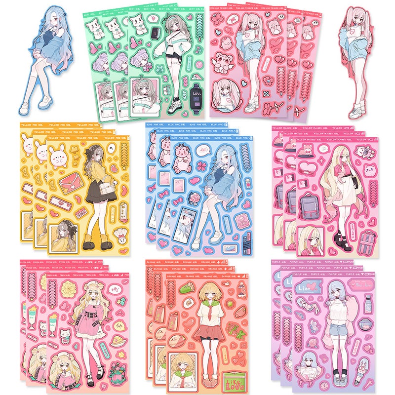 Korean Cartoon Collage Cute Girl Phone Case Stickers Set SJS179 early summer girls (default 8 sheets/bag)