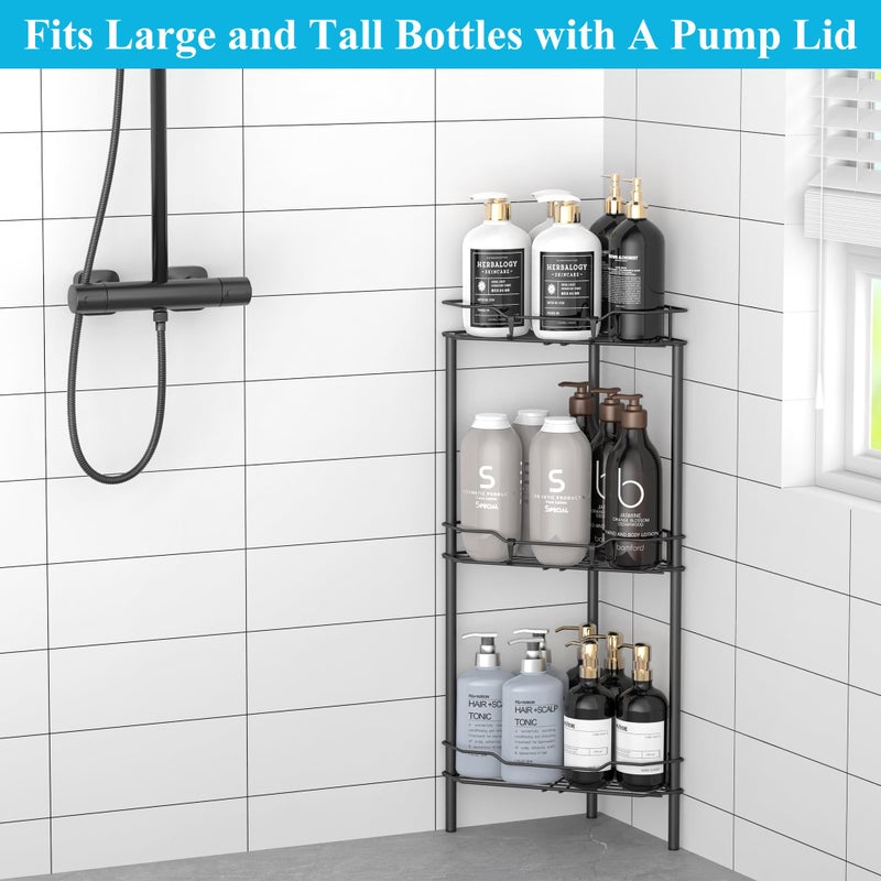 HuggieGems 3 Tier Floor Standing Corner Shower Caddy Organizer Shelf with Hooks  Bathroom Shelves Stand Rack  Matt Black - Image 4