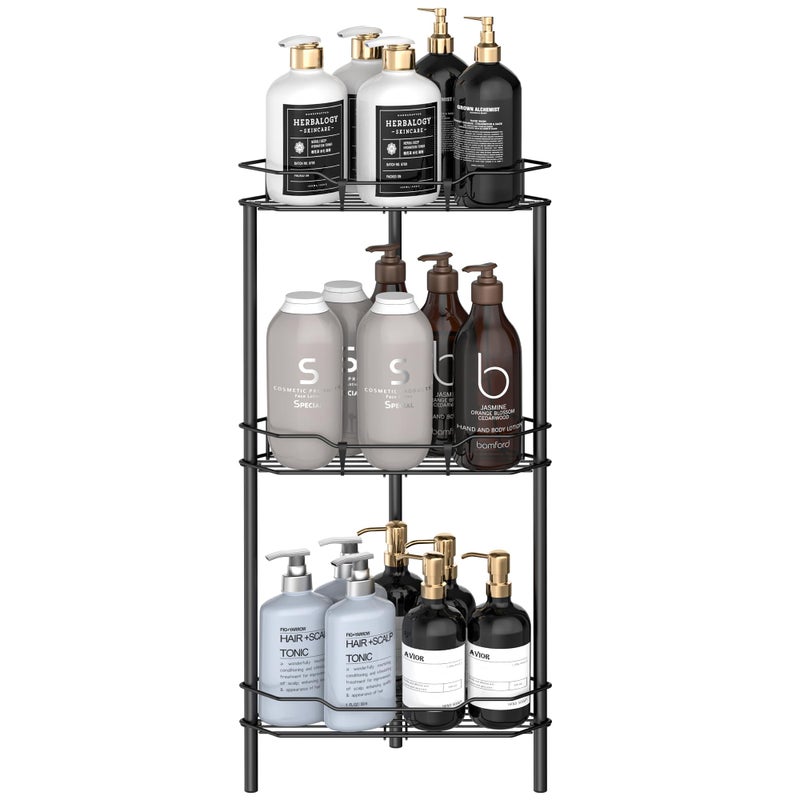 HuggieGems 3 Tier Floor Standing Corner Shower Caddy Organizer Shelf with Hooks  Bathroom Shelves Stand Rack  Matt Black - Image 1