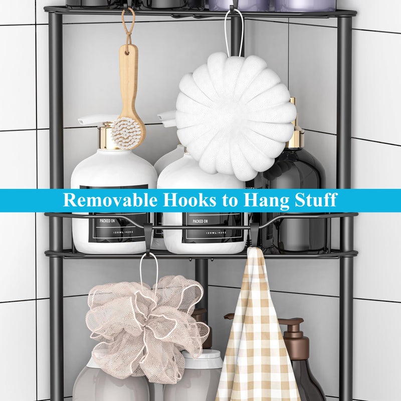 HuggieGems 3 Tier Floor Standing Corner Shower Caddy Organizer Shelf with Hooks  Bathroom Shelves Stand Rack  Matt Black - Image 5