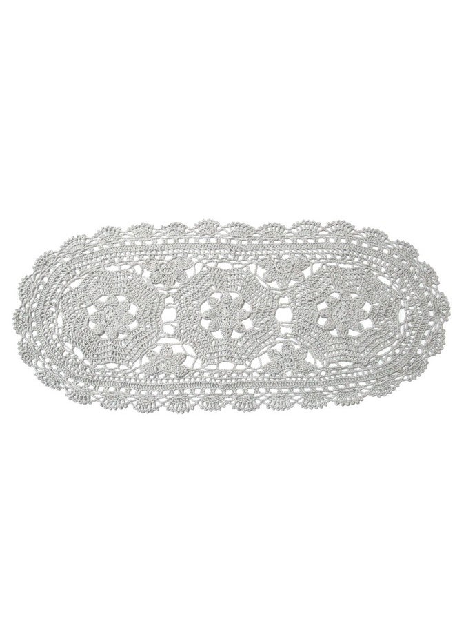 BIBITIME BIBITIME Handmade Crochet Beauiful Hollow 3 Flowers Lace Doilies Oval Tablecloth Placemat Wedding Room Table Desk Vase Mats Home Kitchen Placemats (10" x 22",Pack of 1 PC, Light Grey)  - Image 1