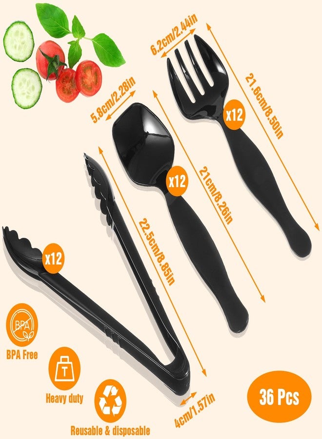 PercyEffie 36Pcs plastic serving utensils serving utensil Set Servings Utensils Disposable Black Include 6.3"Plastic Servings 9.75"Servings Spoons 9.75"Servings Forks for 12 sets for Dinner Parties - Image 3