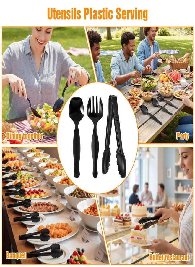 PercyEffie 36Pcs plastic serving utensils serving utensil Set Servings Utensils Disposable Black Include 6.3"Plastic Servings 9.75"Servings Spoons 9.75"Servings Forks for 12 sets for Dinner Parties - Image 5
