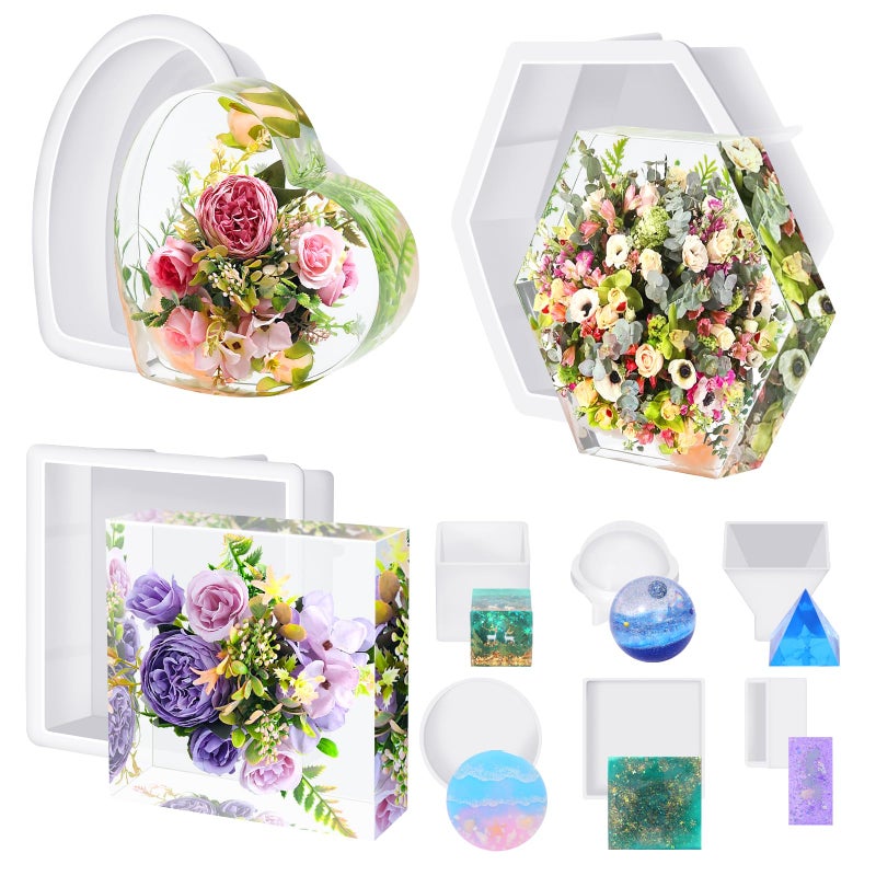 KISREL Large Resin Molds, 3 PCS Silicone Molds Kit for Resin Including Large Hexagonal and Square Heart Resin Mold, Epoxy Resin Molds for Flower Preservation Kit - Image 1