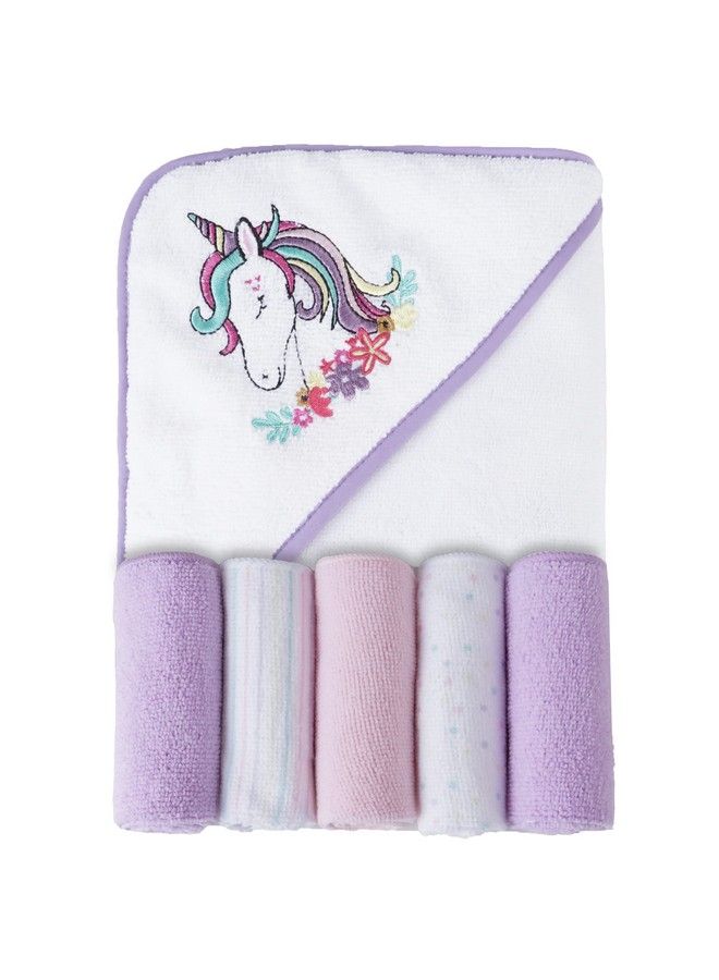 Viviland Baby Towels And Washcloths Soft Absorbent Baby Girl Bath Towel Set Unicorn Hooded Towels With 5 Infant Washcloths，(6 Pieces) - Image 1