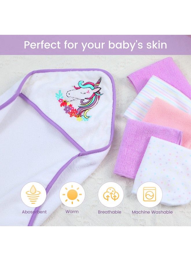 Viviland Baby Towels And Washcloths Soft Absorbent Baby Girl Bath Towel Set Unicorn Hooded Towels With 5 Infant Washcloths，(6 Pieces) - Image 5