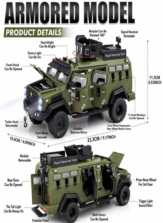 Magicwand® 1:24 Scale Die-Cast Metal Saber-Tooth Armored Truck【Large】 with Openable 11 Small Windows & Doors,Lights & Music & Working Steering【Military】【Pack of 1】 - Image 2
