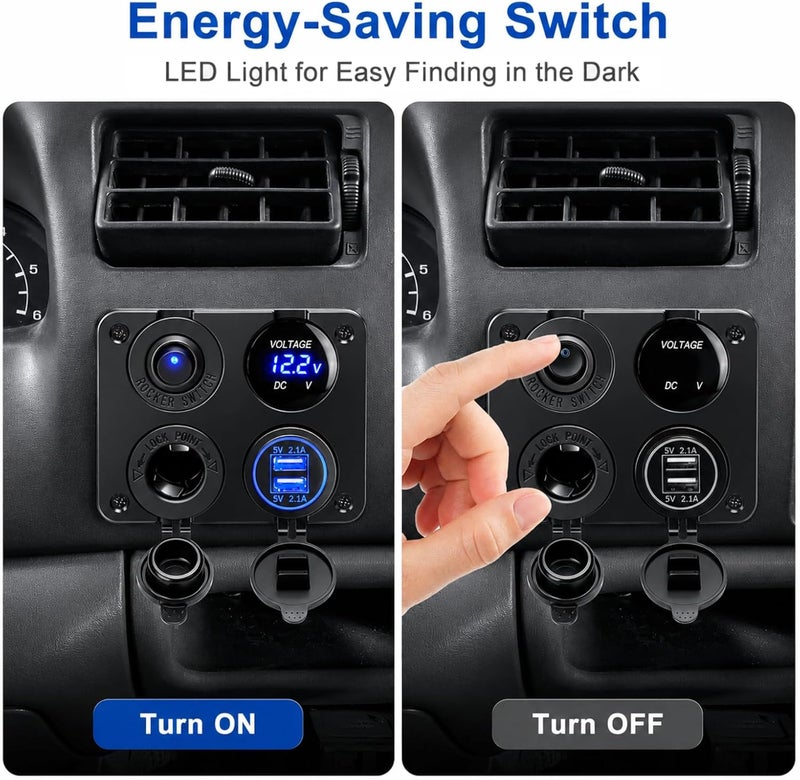 LinkStyle 4 in 1 Charger Panel with Dual USB Power Outlet, LED Voltmeter, Cigarette Lighter Socket, and Rocker Toggle Switch for Car and Marine Use - Image 4