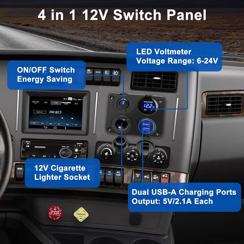 LinkStyle 4 in 1 Charger Panel with Dual USB Power Outlet, LED Voltmeter, Cigarette Lighter Socket, and Rocker Toggle Switch for Car and Marine Use - Image 2